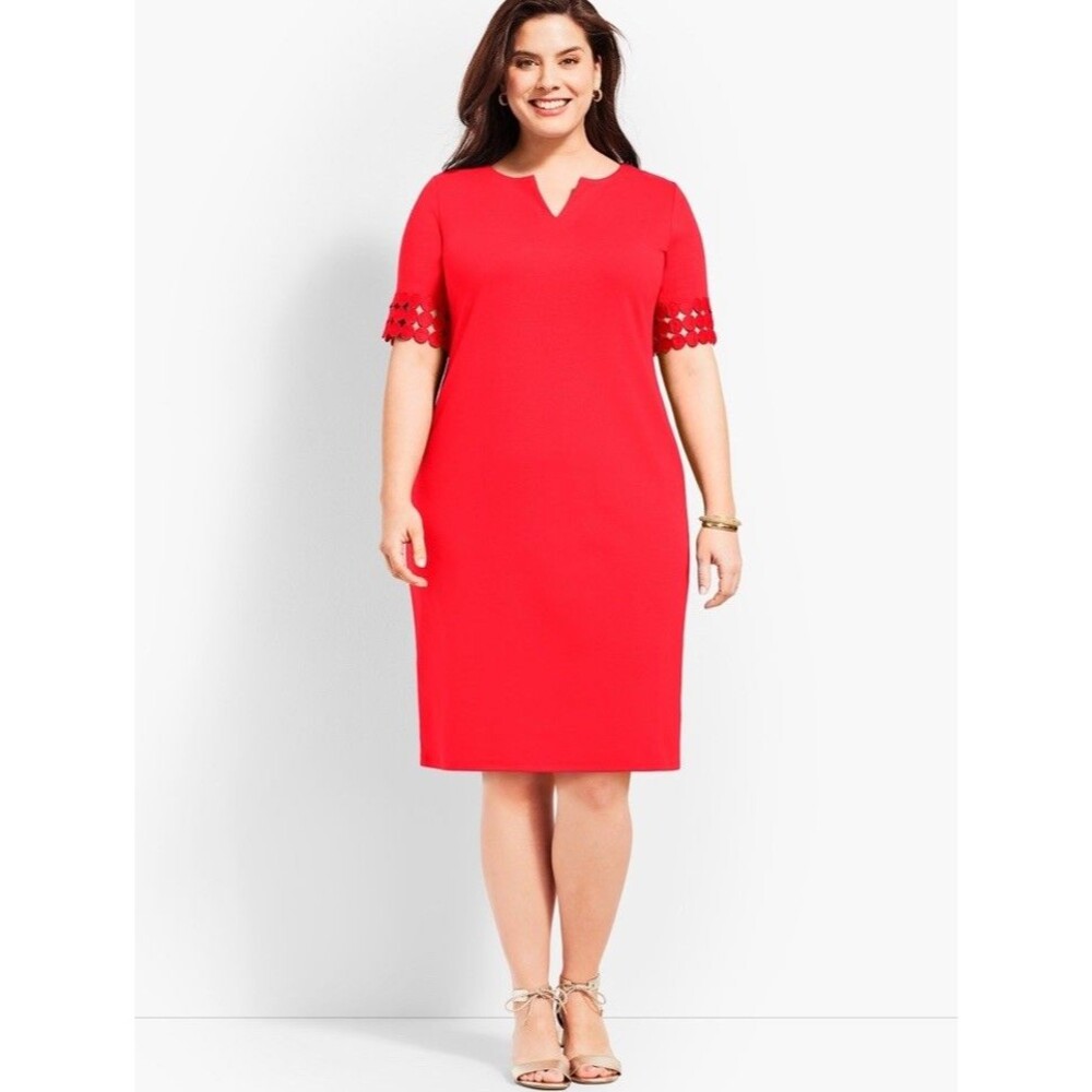 Talbots Shift Shirt Dress L Red Polka Dot Short Sleeve 100% Cotton V-neck